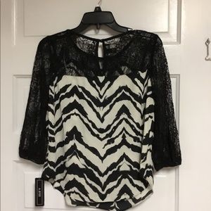 Zebra print top with floral lace sleeves